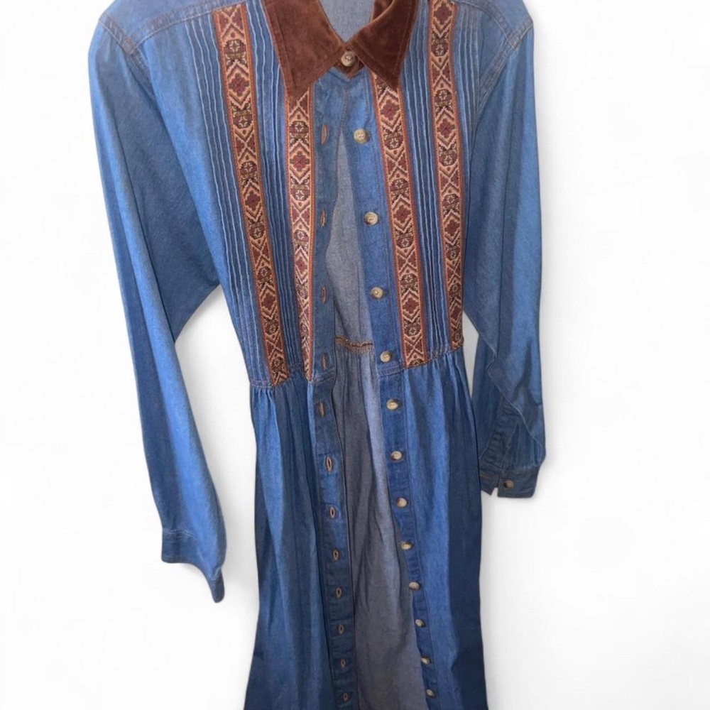 Vintage Denim Dress with Brown Accents
